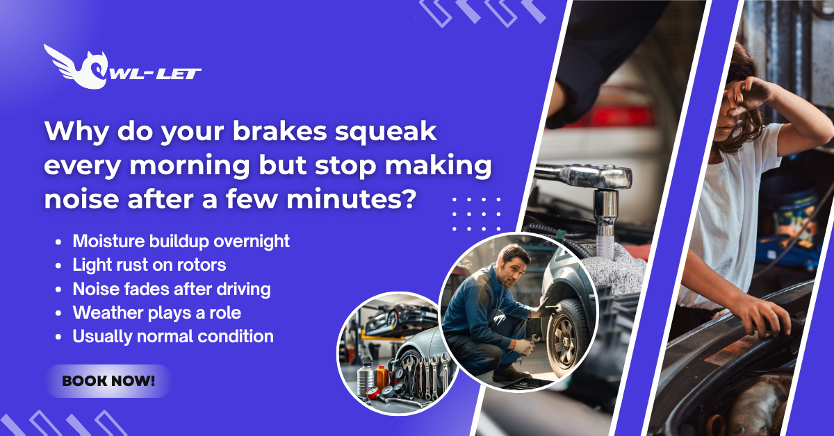 Why do your brakes squeak every morning but stop making noise after a few minutes?